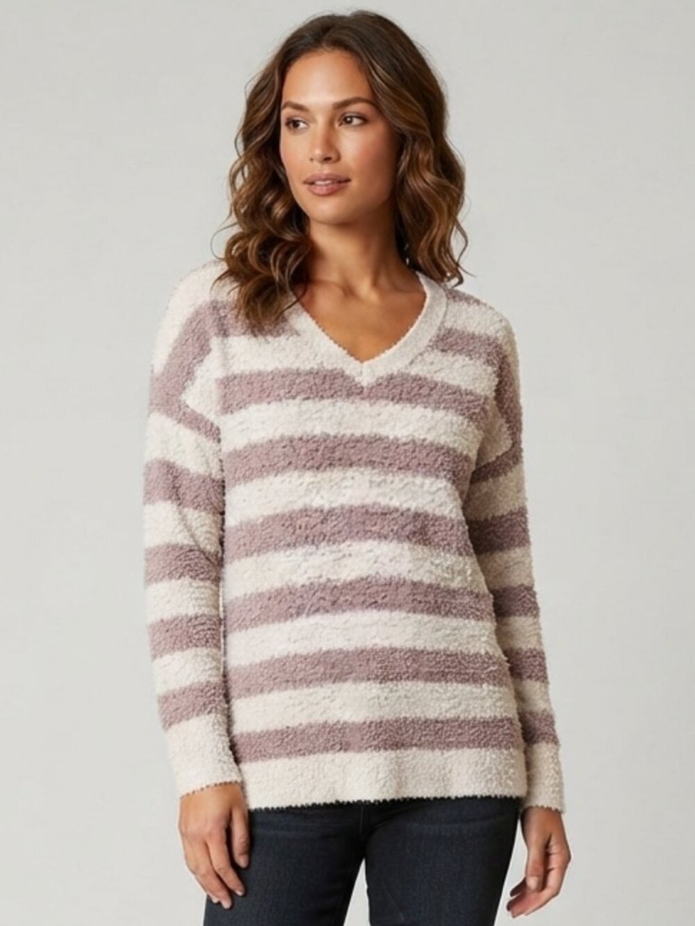 Sanctuary Sweater Women Striped Bouclé V Neck Y2K Cozy Textured Pink Cream Large